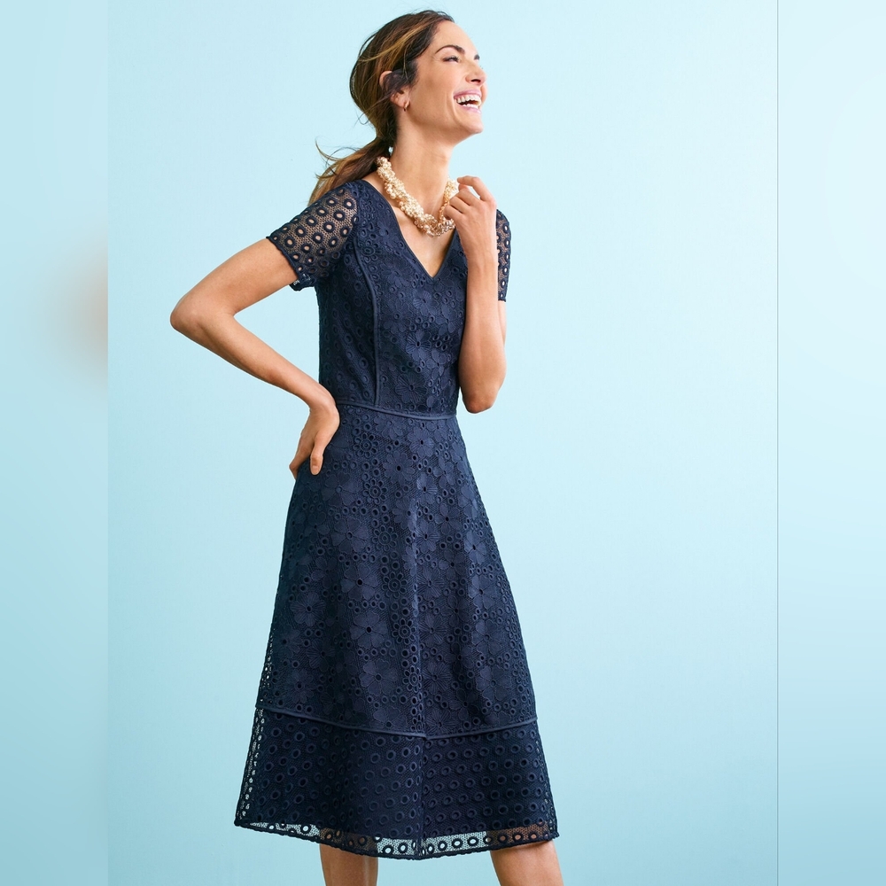 Talbots Navy Eyelet V-Neck Midi Dress